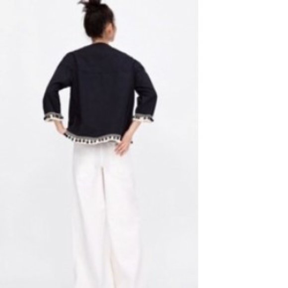 Zara Navy Cotton Pom Pom Embellished Jacket Medium - Picture 2 of 12